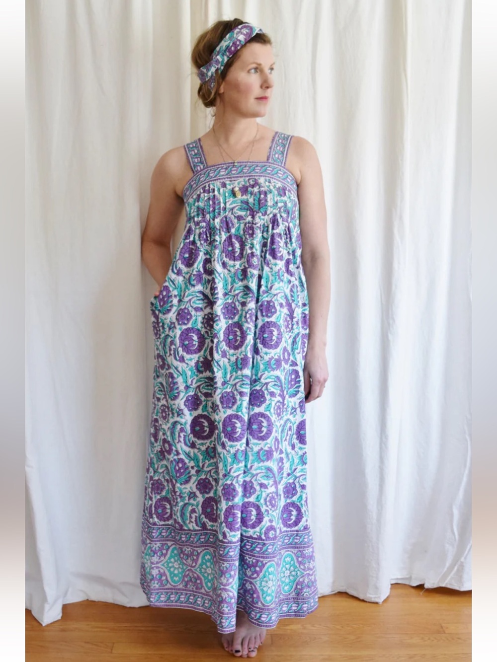 1970s Ramona Rull Cotton Block Print Maxi Dress